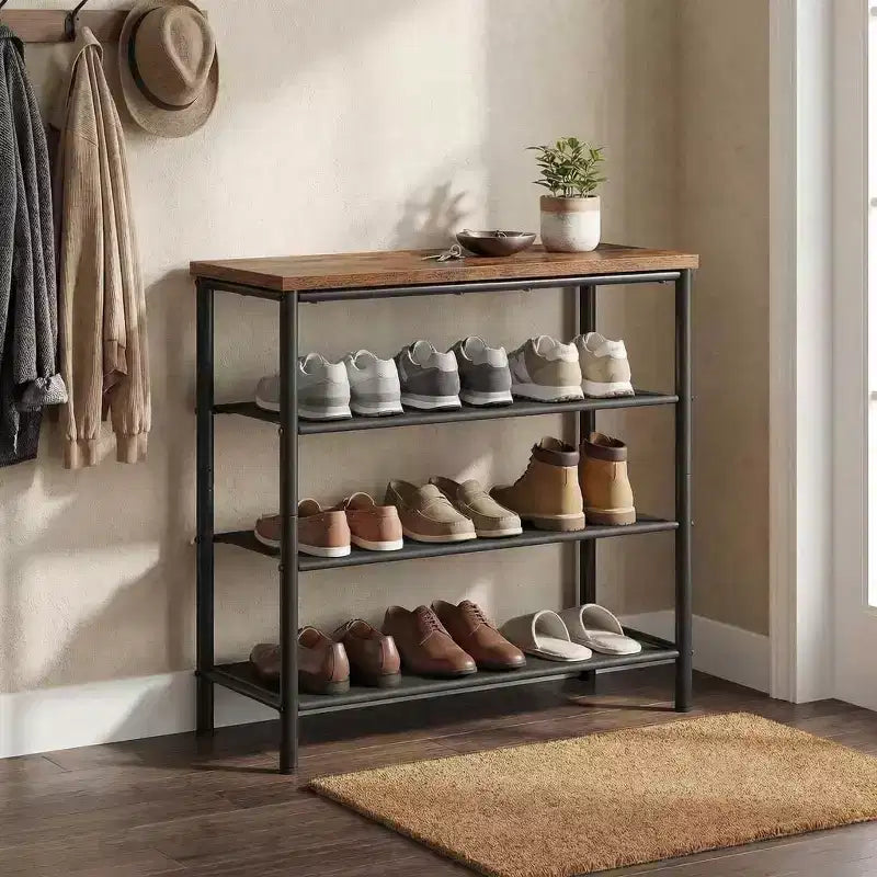 Meuble de rangement pour chaussures à 4 niveaux pour entrée, étagère à chaussures industrielle pouvant contenir 9 à 12 paires avec cadre en acier et étagères en tissu, marron rustique et noir
