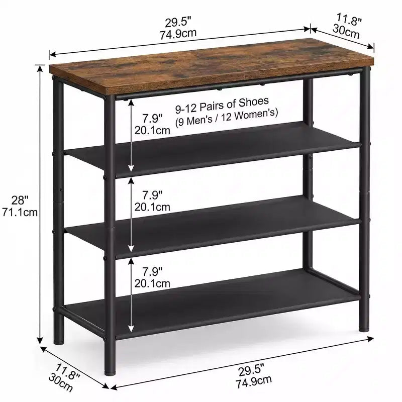 Meuble de rangement pour chaussures à 4 niveaux pour entrée, étagère à chaussures industrielle pouvant contenir 9 à 12 paires avec cadre en acier et étagères en tissu, marron rustique et noir