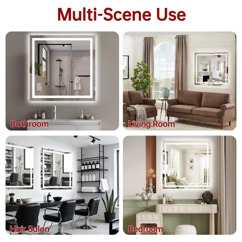 SUMERAIN Miroir de salle de bain mural incassable 36x36, miroir de courtoisie antibuée ETL 90CRI avec fonction mémoire