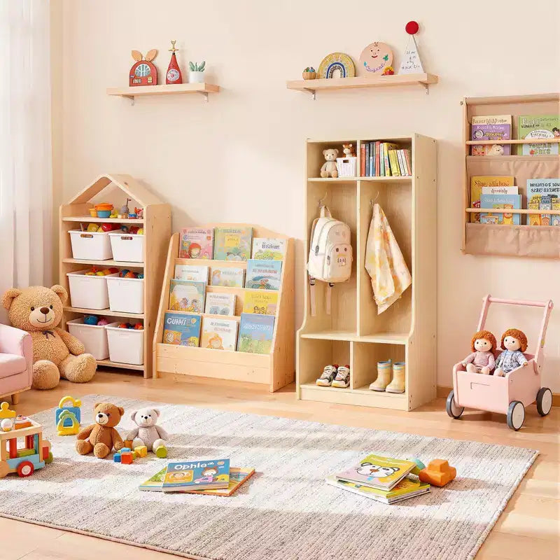 Vestiaire double VEVOR pour enfants, casier de rangement en bois pour jeunes enfants avec 4 crochets et kit anti-basculement et 4 petits bacs de rangement ouverts, couleur bois
