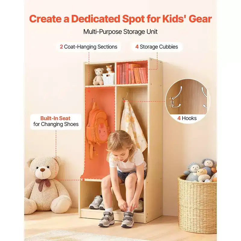 Vestiaire double VEVOR pour enfants, casier de rangement en bois pour jeunes enfants avec 4 crochets et kit anti-basculement et 4 petits bacs de rangement ouverts, couleur bois