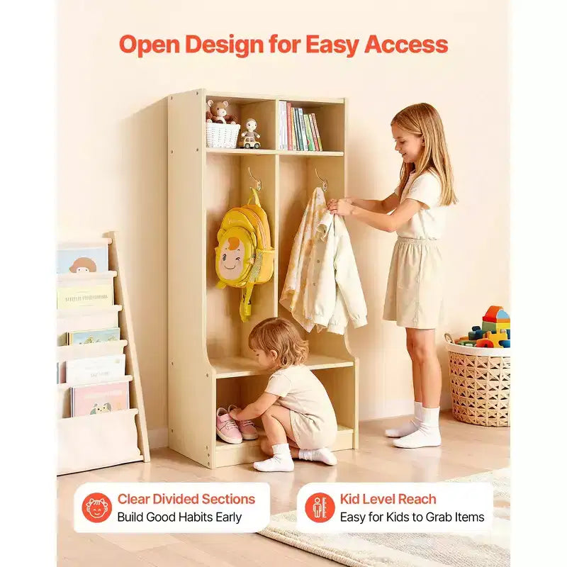 Vestiaire double VEVOR pour enfants, casier de rangement en bois pour jeunes enfants avec 4 crochets et kit anti-basculement et 4 petits bacs de rangement ouverts, couleur bois