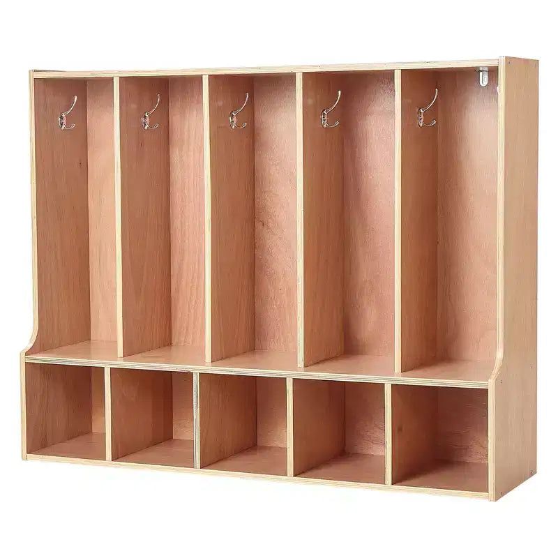 VEVOR 5-Section Kids Coat Locker, Wooden Toddler Cubby Storage Organizer with 10 Hooks & Non-Slip Mat & 5 Small Open Storage Boxes, Wood Color
