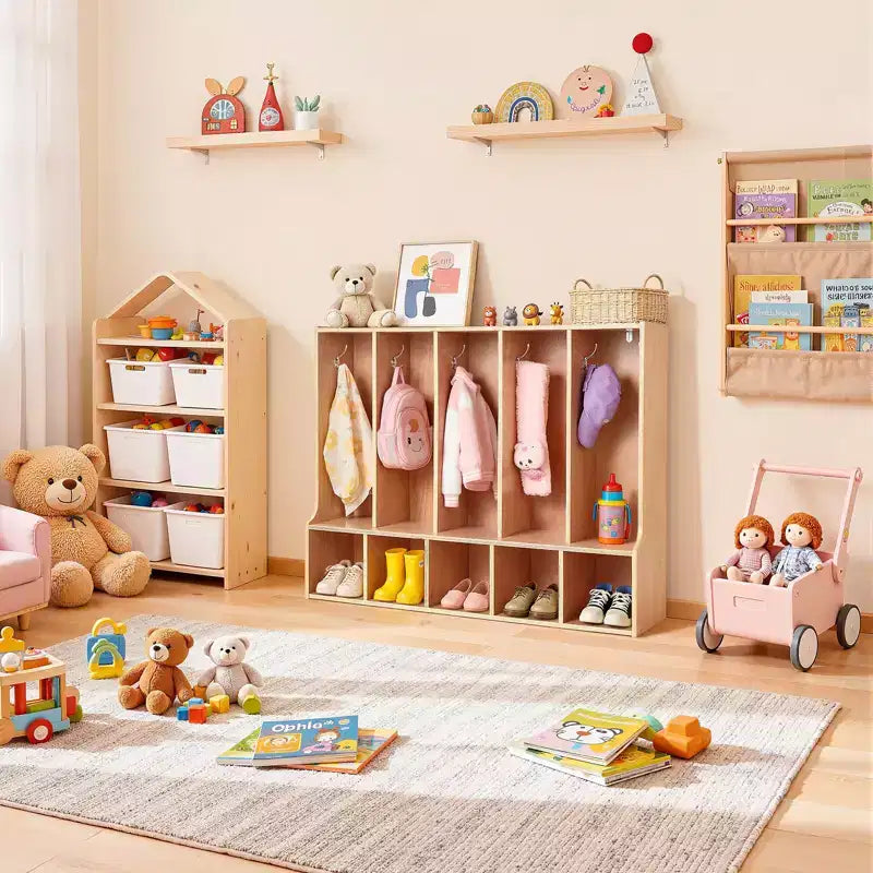 Porte-manteau pour enfants VEVOR à 5 sections, organisateur de rangement pour tout-petits en bois avec 10 crochets, tapis antidérapant et 5 petites boîtes de rangement ouvertes, couleur bois