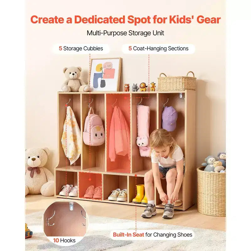 Porte-manteau pour enfants VEVOR à 5 sections, organisateur de rangement pour tout-petits en bois avec 10 crochets, tapis antidérapant et 5 petites boîtes de rangement ouvertes, couleur bois
