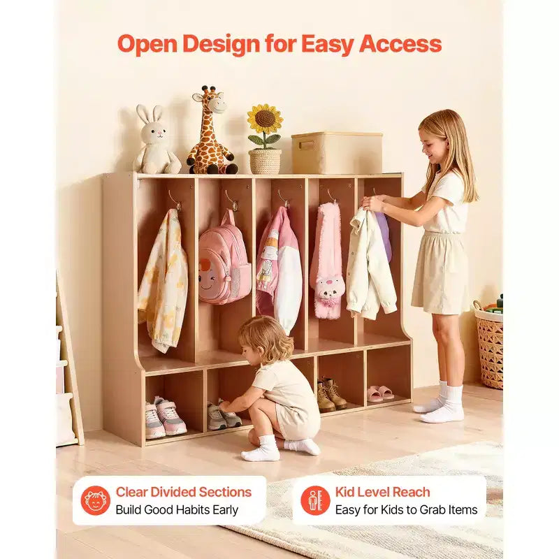 Porte-manteau pour enfants VEVOR à 5 sections, organisateur de rangement pour tout-petits en bois avec 10 crochets, tapis antidérapant et 5 petites boîtes de rangement ouvertes, couleur bois
