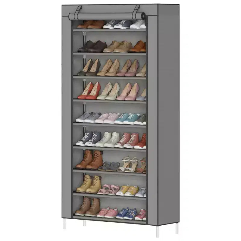 Dustproof Shoe Rack 10-Tier Tall Free-Standing Organizer for Closet Entryway Large Capacity Holds 40-50 Pairs Space-Saving Shelf with Side Pockets