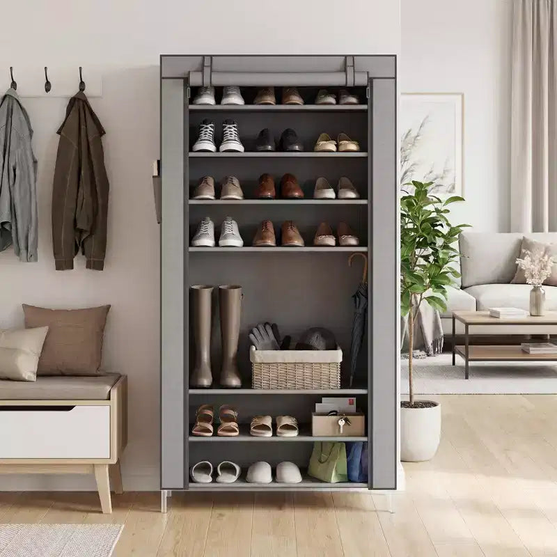 Dustproof Shoe Rack 10-Tier Tall Free-Standing Organizer for Closet Entryway Large Capacity Holds 40-50 Pairs Space-Saving Shelf with Side Pockets