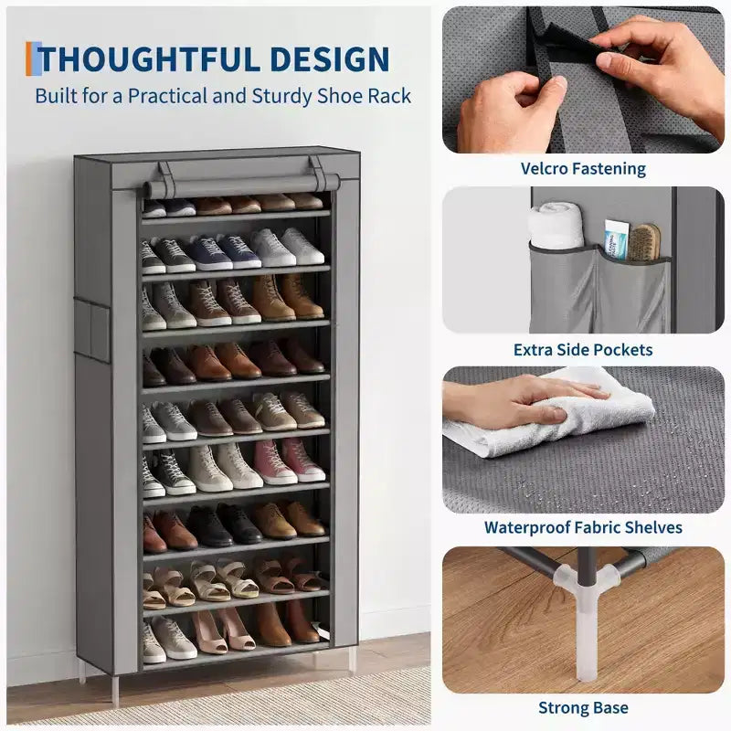 Dustproof Shoe Rack 10-Tier Tall Free-Standing Organizer for Closet Entryway Large Capacity Holds 40-50 Pairs Space-Saving Shelf with Side Pockets