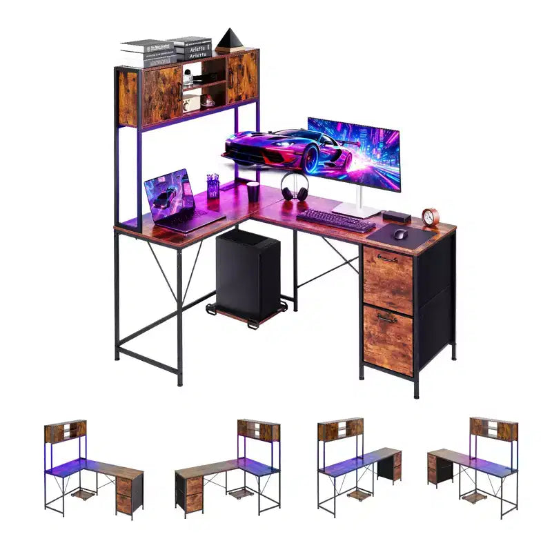 VEVOR L-Shaped Gaming Desk with LED Lights, 62.2-inch Reversible Corner Computer Desk with Power Outlets, Movable CPU Stand & Storage Drawers,Brown