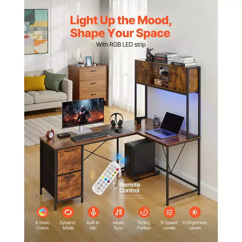 Bureau de jeu en forme de L VEVOR avec lumières LED, bureau d'angle réversible de 158 cm avec prises de courant, support d'unité centrale mobile et tiroirs de rangement, marron