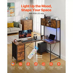 Bureau de jeu en forme de L VEVOR avec lumières LED, bureau d'angle réversible de 158 cm avec prises de courant, support d'unité centrale mobile et tiroirs de rangement, marron