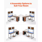 Bureau de jeu en forme de L VEVOR avec lumières LED, bureau d'angle réversible de 158 cm avec prises de courant, support d'unité centrale mobile et tiroirs de rangement, marron