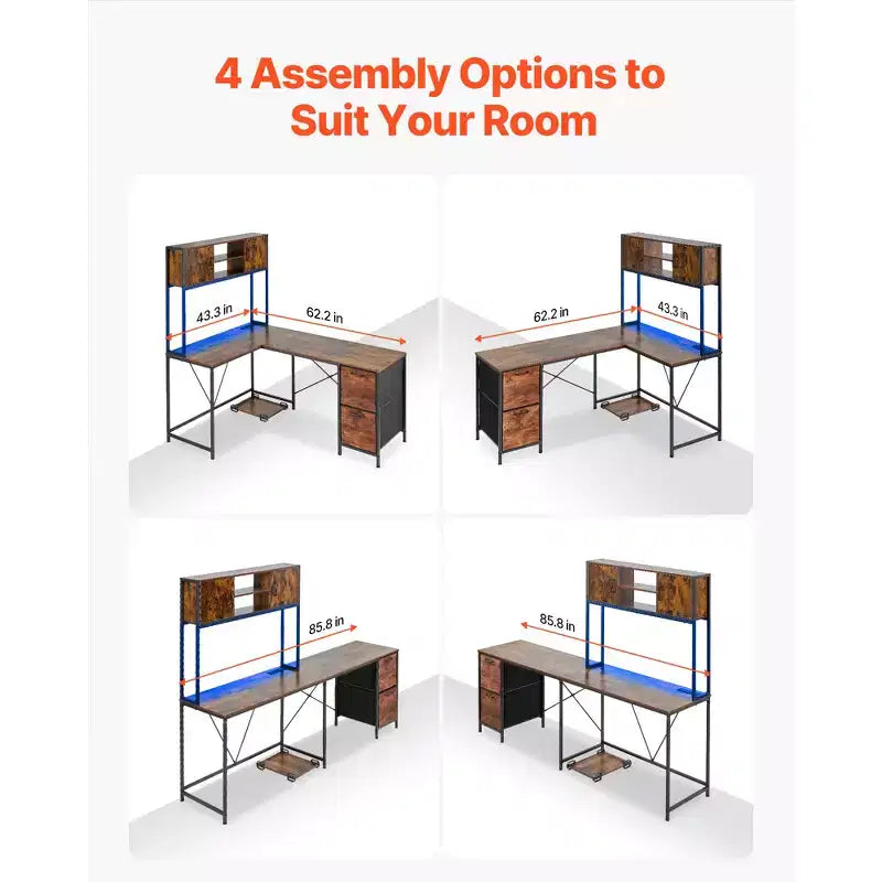 Bureau de jeu en forme de L VEVOR avec lumières LED, bureau d'angle réversible de 158 cm avec prises de courant, support d'unité centrale mobile et tiroirs de rangement, marron