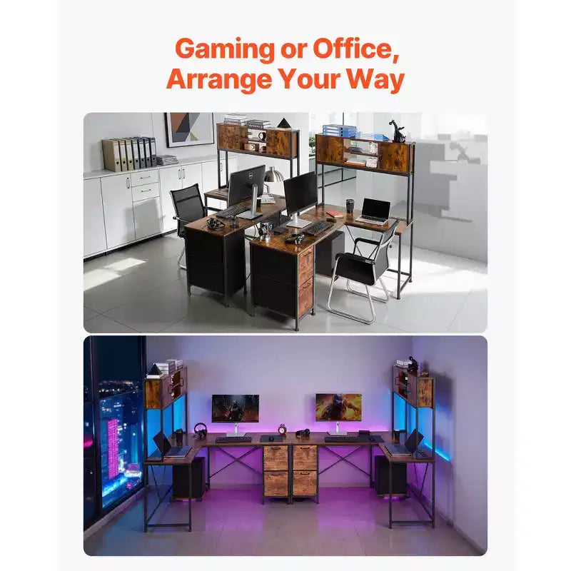 Bureau de jeu en forme de L VEVOR avec lumières LED, bureau d'angle réversible de 158 cm avec prises de courant, support d'unité centrale mobile et tiroirs de rangement, marron