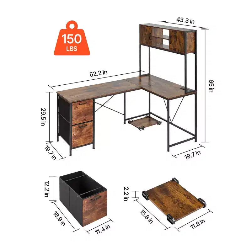 Bureau de jeu en forme de L VEVOR avec lumières LED, bureau d'angle réversible de 158 cm avec prises de courant, support d'unité centrale mobile et tiroirs de rangement, marron