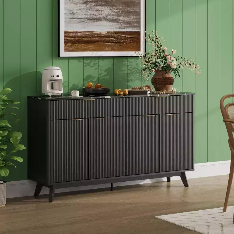Buffet Sideboard, 60'' Sideboard Cabinet with 2 Drawers and 4 Wave Doors, Sideboard with Adjustable Shelves, Black