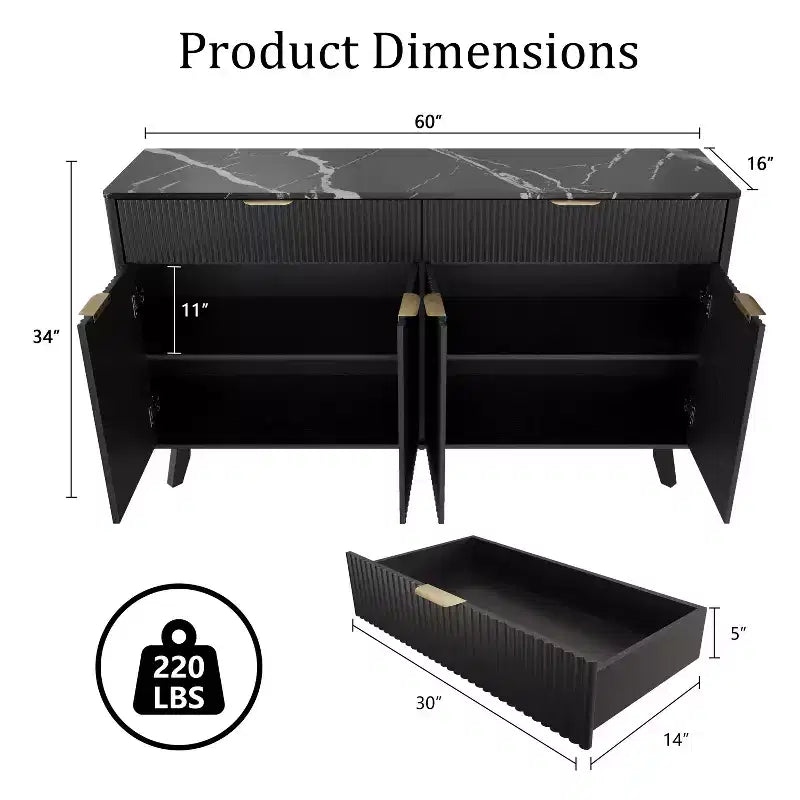 Buffet de salle à manger, Buffet de 152 cm avec 2 tiroirs et 4 portes ondulées, Buffet avec étagères réglables, Noir