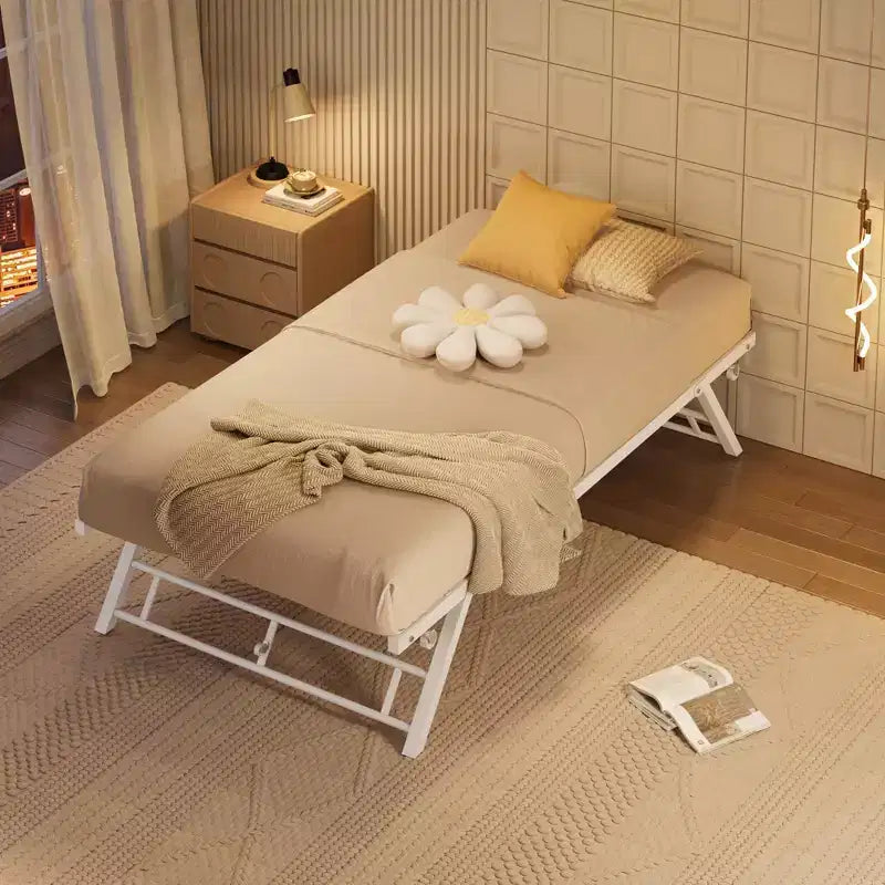 Twin Size Pop Up Trundle Bed with Lockable Wheels, Sturdy Metal Foldable Bed Frame, Space-Saving for Living Room, Bedroom, Guest Room, White