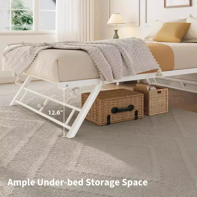Lit gigogne escamotable simple avec roulettes verrouillables, cadre de lit pliant en métal robuste, peu encombrant pour salon, chambre, chambre d'amis, blanc