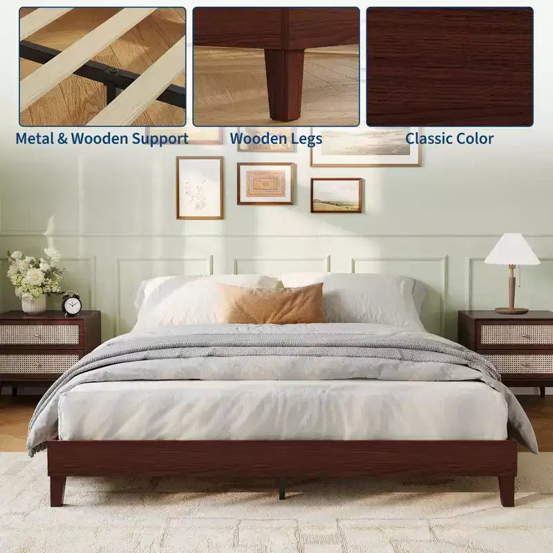 Queen Size Wooden Bed Frame, 9 Inch Sturdy Wood Platform with Wood Slats, Noise-Free, Easy Assembly, No Box Spring Needed, Dark Walnut (No Headboard)