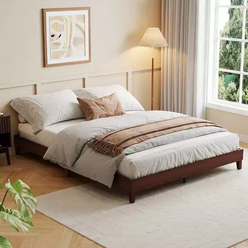 Queen Size Wooden Bed Frame, 9 Inch Sturdy Wood Platform with Wood Slats, Noise-Free, Easy Assembly, No Box Spring Needed, Dark Walnut (No Headboard)