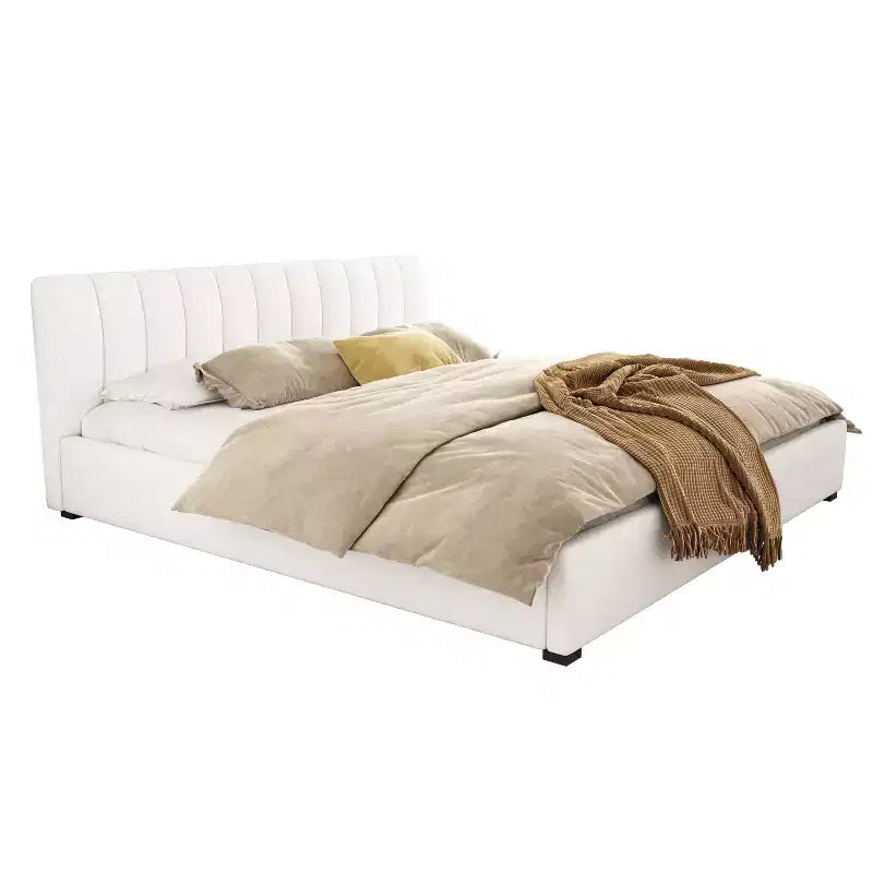 King Size Upholstered Platform Bed Frame with Soft Thick Cushioned Headboard, Beige - ModernLuxe