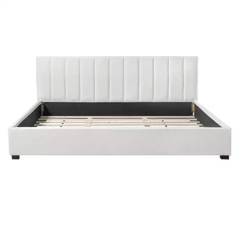 King Size Upholstered Platform Bed Frame with Soft Thick Cushioned Headboard, Beige - ModernLuxe