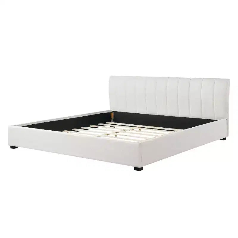King Size Upholstered Platform Bed Frame with Soft Thick Cushioned Headboard, Beige - ModernLuxe