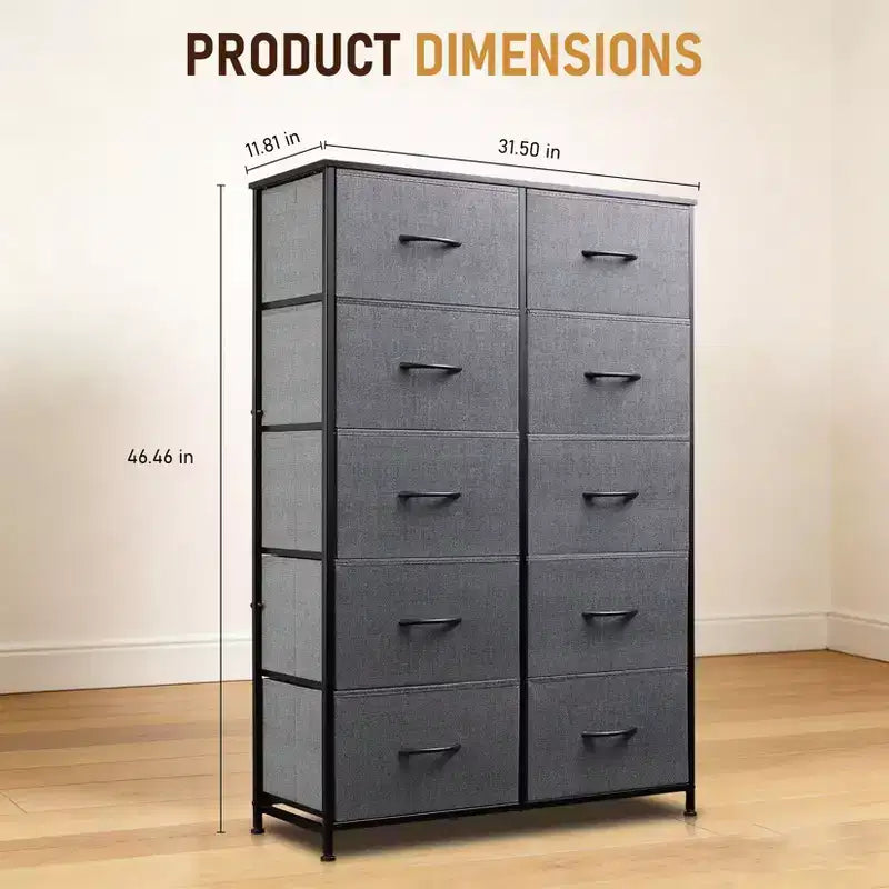 Commode à 10 tiroirs, armoire haute avec finition en bois rustique et cadre métallique, unité de rangement pour chambre, entrée, salon