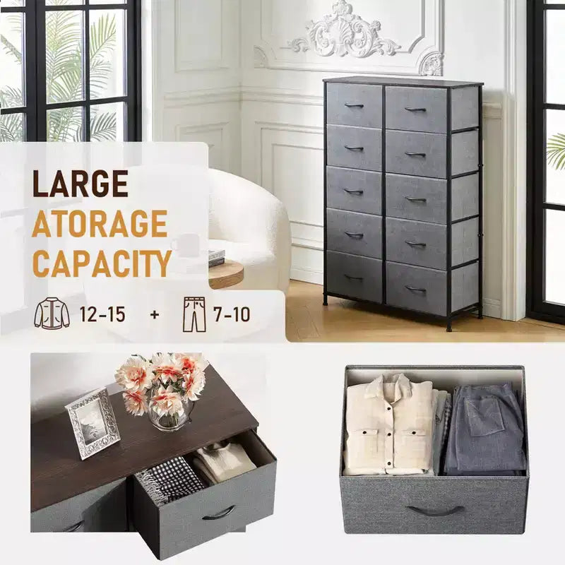 Commode à 10 tiroirs, armoire haute avec finition en bois rustique et cadre métallique, unité de rangement pour chambre, entrée, salon