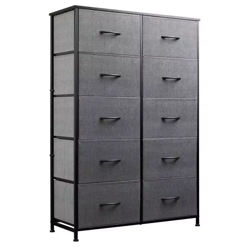 Commode à 10 tiroirs, armoire haute avec finition en bois rustique et cadre métallique, unité de rangement pour chambre, entrée, salon