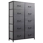 Commode à 10 tiroirs, armoire haute avec finition en bois rustique et cadre métallique, unité de rangement pour chambre, entrée, salon
