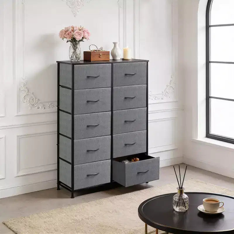 Commode à 10 tiroirs, armoire haute avec finition en bois rustique et cadre métallique, unité de rangement pour chambre, entrée, salon