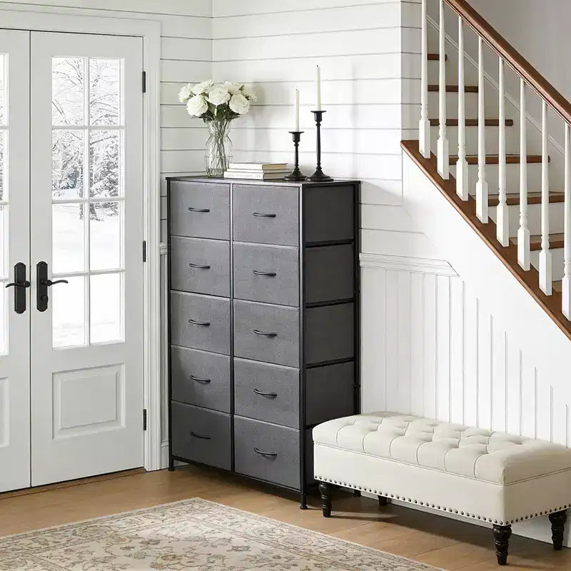 Commode à 10 tiroirs, armoire haute avec finition en bois rustique et cadre métallique, unité de rangement pour chambre, entrée, salon