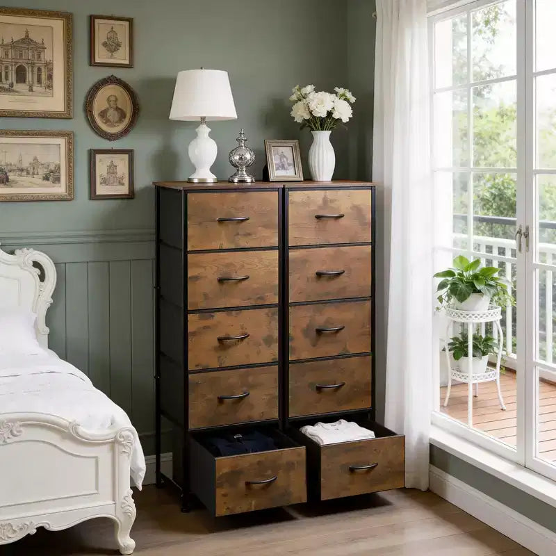 Commode à 10 tiroirs, armoire haute avec finition en bois rustique et cadre métallique, unité de rangement pour chambre, entrée, salon