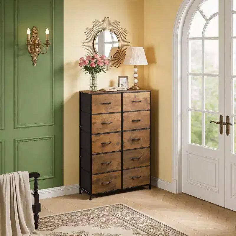 Commode à 10 tiroirs, armoire haute avec finition en bois rustique et cadre métallique, unité de rangement pour chambre, entrée, salon