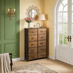 Commode à 10 tiroirs, armoire haute avec finition en bois rustique et cadre métallique, unité de rangement pour chambre, entrée, salon