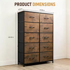 Commode à 10 tiroirs, armoire haute avec finition en bois rustique et cadre métallique, unité de rangement pour chambre, entrée, salon