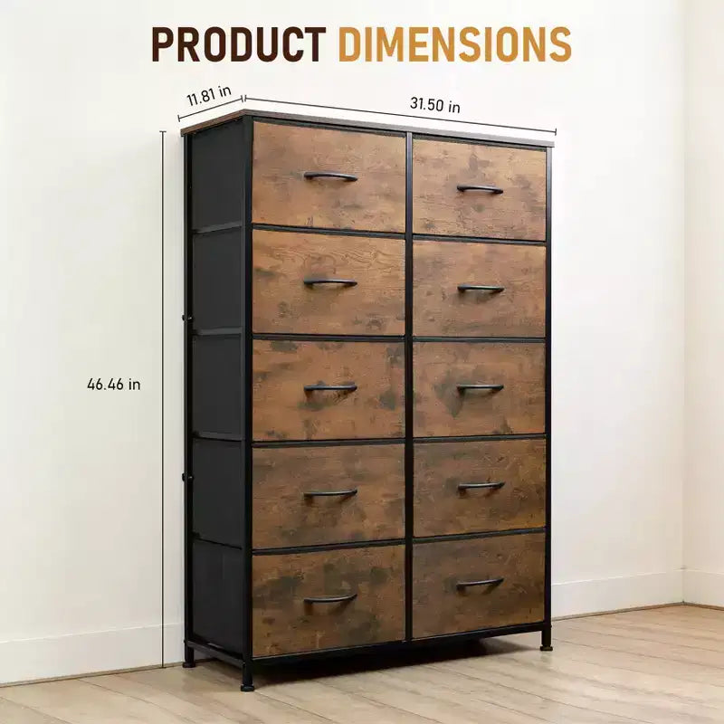 Commode à 10 tiroirs, armoire haute avec finition en bois rustique et cadre métallique, unité de rangement pour chambre, entrée, salon