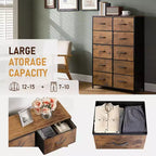 Commode à 10 tiroirs, armoire haute avec finition en bois rustique et cadre métallique, unité de rangement pour chambre, entrée, salon