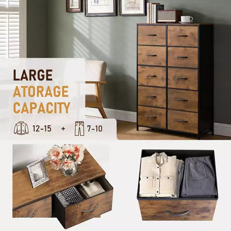 Commode à 10 tiroirs, armoire haute avec finition en bois rustique et cadre métallique, unité de rangement pour chambre, entrée, salon