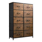 Commode à 10 tiroirs, armoire haute avec finition en bois rustique et cadre métallique, unité de rangement pour chambre, entrée, salon