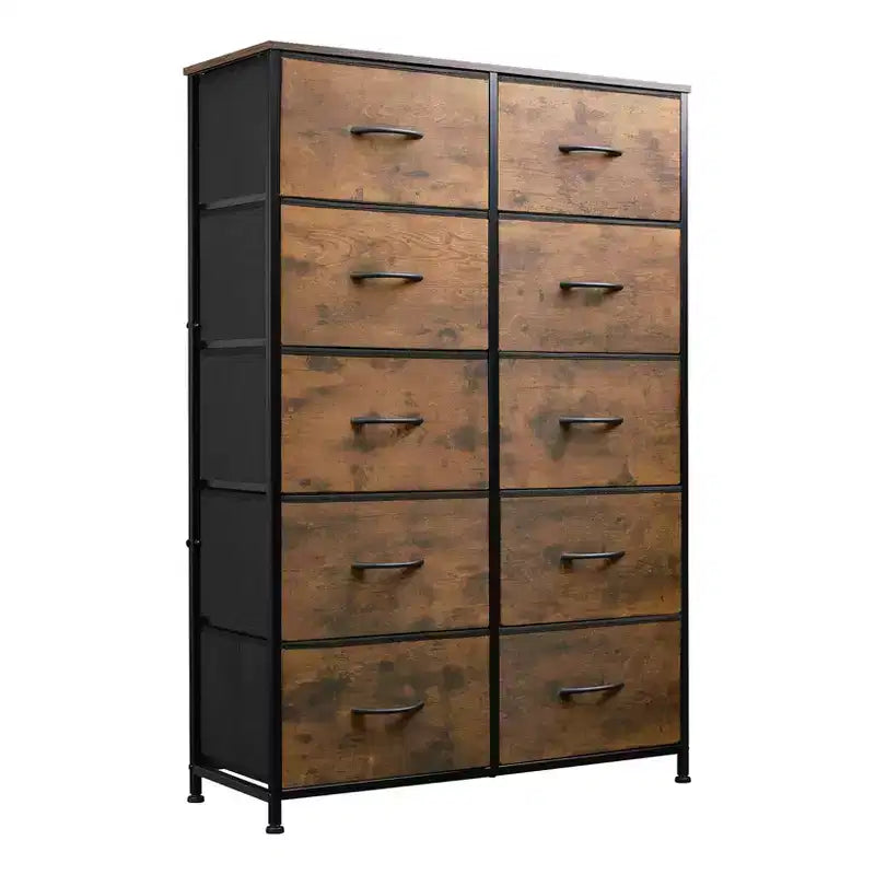 Commode à 10 tiroirs, armoire haute avec finition en bois rustique et cadre métallique, unité de rangement pour chambre, entrée, salon
