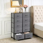 Commode à 10 tiroirs, armoire haute avec finition en bois rustique et cadre métallique, unité de rangement pour chambre, entrée, salon