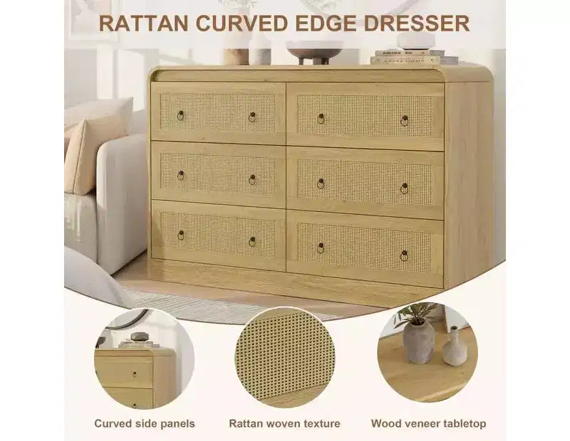 Commode à 6 tiroirs en rotin de 117 cm de large, commode bohème moderne avec poignées dorées, meuble de rangement pour chambre, salon, couloir (noir)