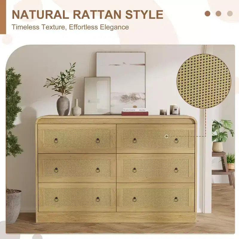 Commode à 6 tiroirs en rotin de 117 cm de large, commode bohème moderne avec poignées dorées, meuble de rangement pour chambre, salon, couloir (noir)