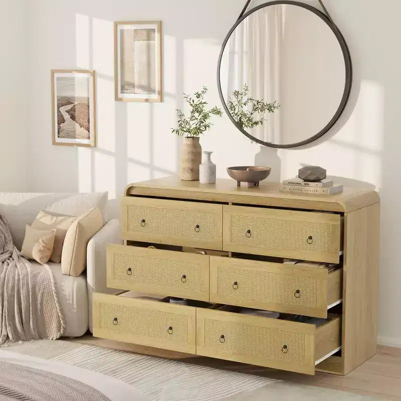 Commode à 6 tiroirs en rotin de 117 cm de large, commode bohème moderne avec poignées dorées, meuble de rangement pour chambre, salon, couloir (noir)