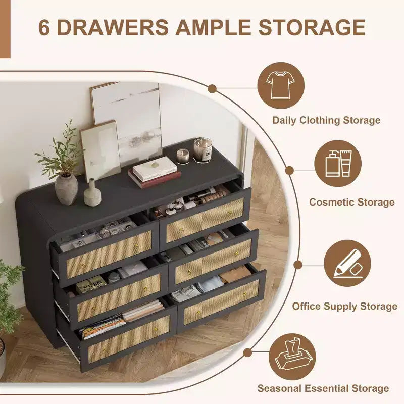 Commode à 6 tiroirs en rotin de 117 cm de large, commode bohème moderne avec poignées dorées, meuble de rangement pour chambre, salon, couloir (noir)