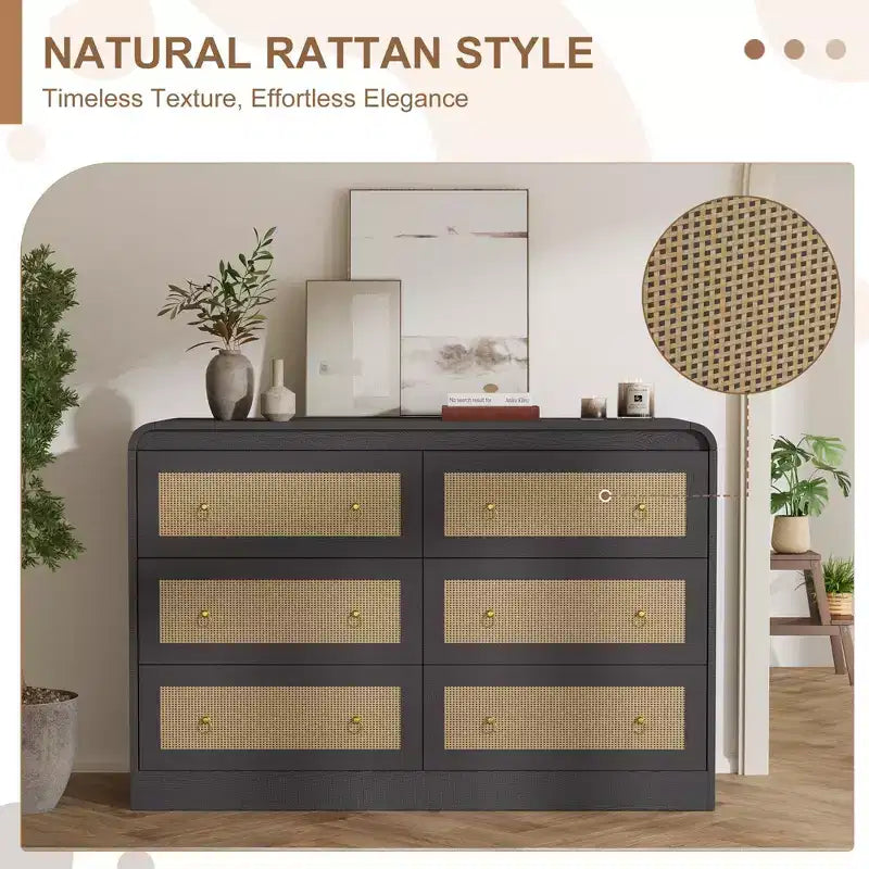 Commode à 6 tiroirs en rotin de 117 cm de large, commode bohème moderne avec poignées dorées, meuble de rangement pour chambre, salon, couloir (noir)